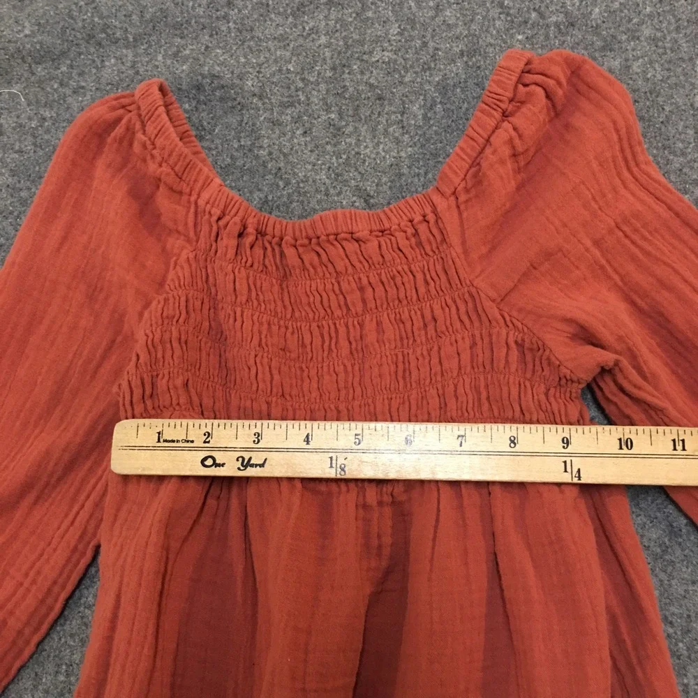 Old Navy Babydoll Dress Kids Size M 8 Molten Copper Smocked Long Sleeve Gauze